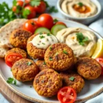 Golden-brown air fryer falafel served with hummus, pita bread, and tahini sauce, garnished with parsley and sesame seeds.