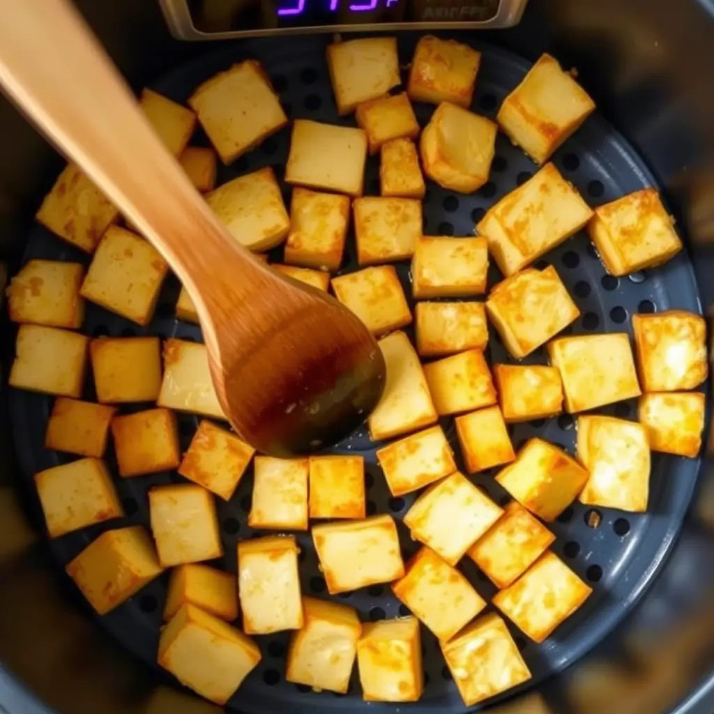 Golden-brown tofu cubes inside an air fryer basket, being cooked at 375°F for a crispy texture, with a wooden spoon shaking the pieces.