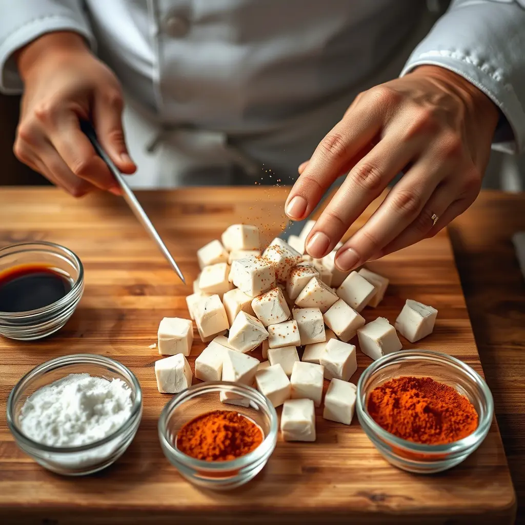 Firm tofu cubes on a wooden cutting board with soy sauce, cornstarch, garlic powder, and paprika, being seasoned for air frying