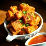 Crispy air fryer tofu served in a white bowl, garnished with sesame seeds and green onions, with a side of sweet chili dipping sauce.