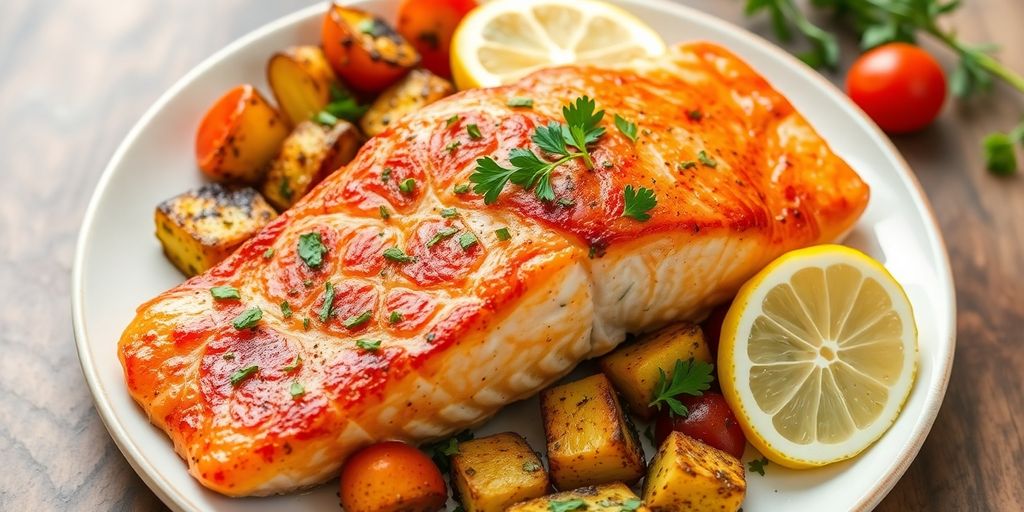 Plated air fryer salmon with herbs and lemon slices.