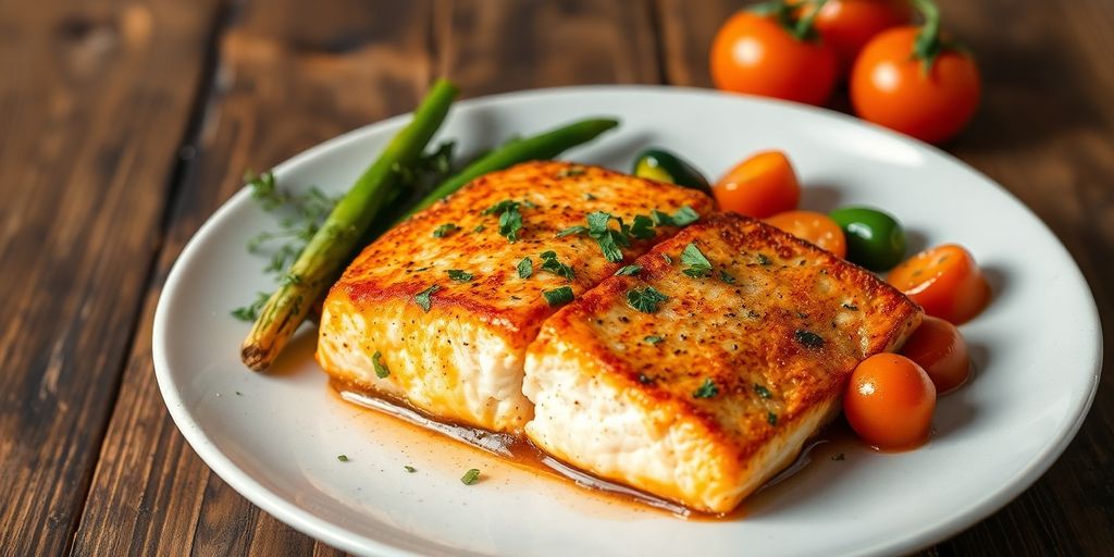 Plated air fryer salmon with herbs and vegetables.